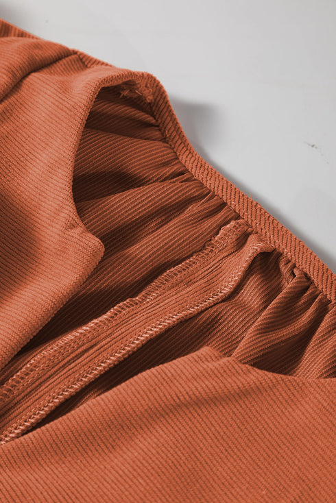 Bracelet Sleeve Split Neck Scallop Detail Pleated Corduroy Mini Dress